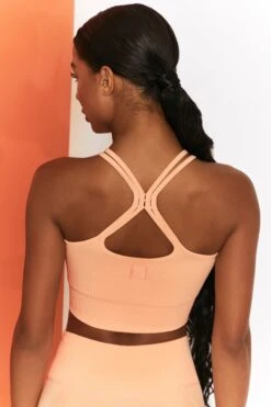 Feel Your Power Ribbed Racer Crop Top In Peach -Sculpt Sets Body bt0302 bt0304 3 energise peach ribbed drawstring workout joggers feel your power ribbed workout top 3