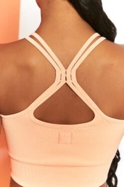 Feel Your Power Ribbed Racer Crop Top In Peach -Sculpt Sets Body bt0302 bt0304 5 energise peach ribbed drawstring workout joggers feel your power ribbed workout top 3