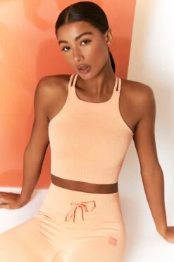 Feel Your Power Ribbed Racer Crop Top In Peach -Sculpt Sets Body bt0302 bt0304 6 energise peach ribbed drawstring workout joggers feel your power ribbed workout top 3
