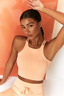 Feel Your Power Ribbed Racer Crop Top In Peach -Sculpt Sets Body bt0302 bt0304 7 energise peach ribbed drawstring workout joggers feel your power ribbed workout top 1