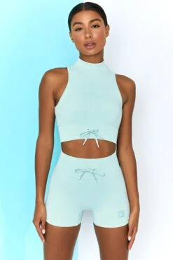 Ribbed Tie Front Mini Shorts In Light Blue 8 Ribbed Tie Front Mini Shorts In Light Blue -Sculpt Sets Body bt0305 bt0301 1 miles ahead move it light blue ribbed work out crop top high waist draw string ribbed cycle shorts