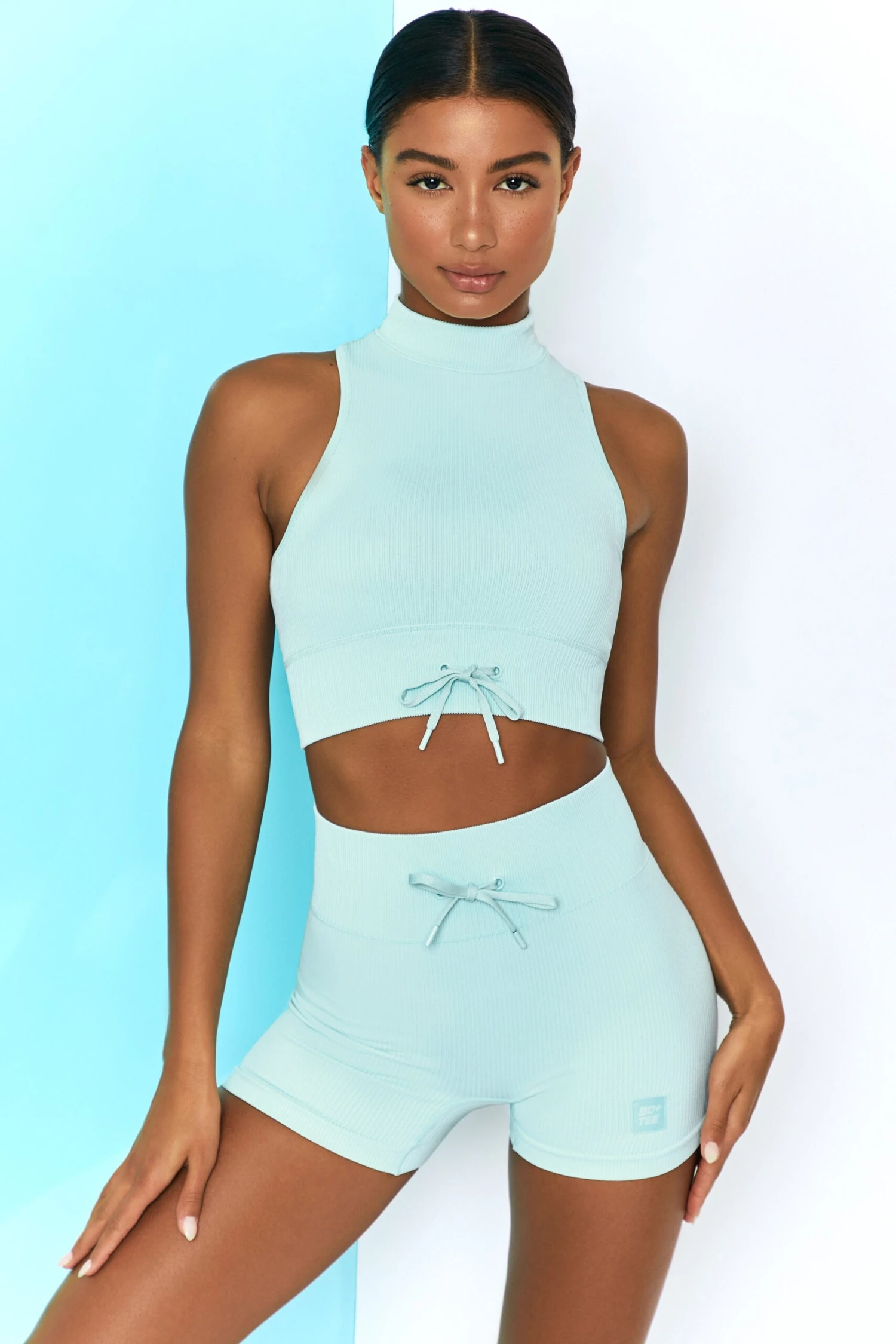Ribbed Tie Front Mini Shorts In Light Blue 3 Ribbed Tie Front Mini Shorts In Light Blue