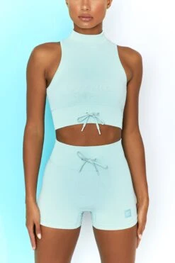 Ribbed Tie Front Mini Shorts In Light Blue 10 Ribbed Tie Front Mini Shorts In Light Blue -Sculpt Sets Body bt0305 bt0301 4 miles ahead move it light blue ribbed work out crop top high waist draw string ribbed cycle shorts