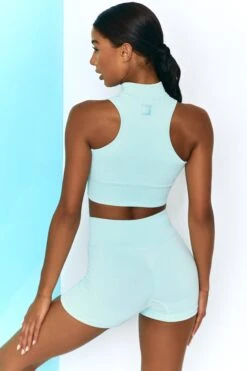 Ribbed Tie Front Mini Shorts In Light Blue 9 Ribbed Tie Front Mini Shorts In Light Blue -Sculpt Sets Body bt0305 bt0301 5 miles ahead move it light blue ribbed work out crop top high waist draw string ribbed cycle shorts