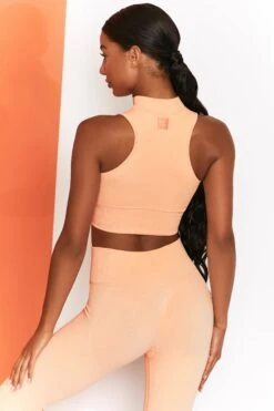 Miles Ahead Ribbed High Neck Crop Top In Peach -Sculpt Sets Body bt0305 bt0302 5 energise peach ribbed drawstring workout joggers mile ahead ribbed work out crop top 2