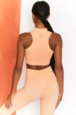 Miles Ahead Ribbed High Neck Crop Top In Peach -Sculpt Sets Body bt0305 bt0302 6 energise peach ribbed drawstring workout joggers mile ahead ribbed work out crop top 2
