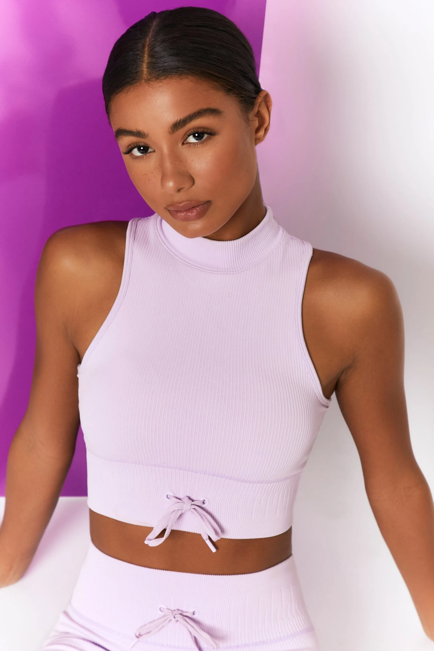 Miles Ahead Ribbed High Neck Crop Top In Lilac 3 Miles Ahead Ribbed High Neck Crop Top In Lilac