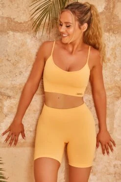 Seamless Ribbed Biker Shorts In Light Orange 16 Seamless Ribbed Biker Shorts In Light Orange -Sculpt Sets Body bt0322 bt0340 4 light orange ribbed detail cycle shorts crop top 1
