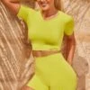 Seamless High Waist Mini Shorts In Green 2 Seamless High Waist Mini Shorts In Green -Sculpt Sets Body bt0323 bt0339 2 turn it up altitude deep green short sleeve crop top hot pant shorts set 1