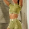 Seamless V Waist Mini Shorts With Shaping Detail In Olive -Sculpt Sets Body bt0329 bt0336 2 olive acid wash ribbed high neck crop top shorts set 1