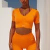 Gradient Scoop Neck Ruched Crop Top In Orange 1 Gradient Scoop Neck Ruched Crop Top In Orange -Sculpt Sets Body bt0361 bt0366 2 gradient flash orange scru ortswear set 2