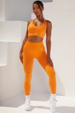 Surge Curved Waist Seamless Leggings In Orange 22 Surge Curved Waist Seamless Leggings In Orange -Sculpt Sets Body bt0364 bt0365 1 surge orange leggings beam light crop top