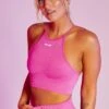 Incline Seamless High Neck Crop Top In Pink 2 Incline Seamless High Neck Crop Top In Pink -Sculpt Sets Body bt0376 2 incline pink high neckline cross back crop top