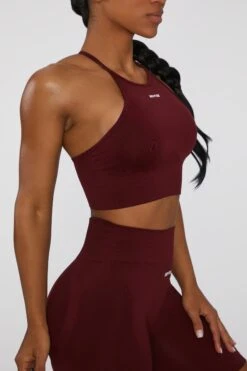 Crop Top In Deep Red -Sculpt Sets Body bt0376 bt0385 4 burgundy high neckline cross back crop top biker shorts sportswear