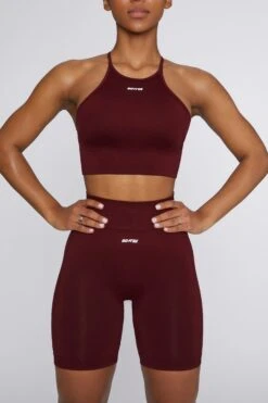 Crop Top In Deep Red -Sculpt Sets Body bt0376 bt0385 5 burgundy high neckline cross back crop top biker shorts sportswear