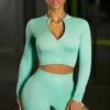 Long Sleeve Crop Top In Turquoise 1 Long Sleeve Crop Top In Turquoise -Sculpt Sets Body bt0409 bt0412 3 turquoise high neck half zip sweater