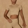 Short Sleeve Crop Top In Beige 1 Short Sleeve Crop Top In Beige -Sculpt Sets Body bt0428 bt0426 4 wont quit warm beige cycling shorts activation double zip crop top