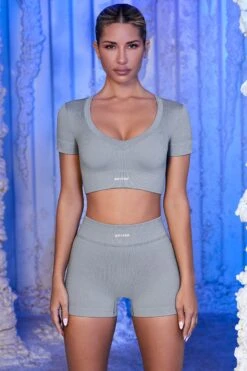 V Neck Short Sleeve Crop Top In Grey 12 V Neck Short Sleeve Crop Top In Grey -Sculpt Sets Body bt0433 bt0437 2 cooling off avalanche grey v neck crop tee ribbed mini shorts 1