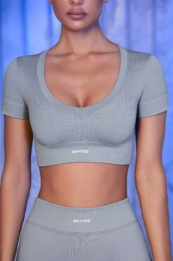 V Neck Short Sleeve Crop Top In Grey 10 V Neck Short Sleeve Crop Top In Grey -Sculpt Sets Body bt0433 bt0437 6 cooling off avalanche grey v neck crop tee ribbed mini shorts