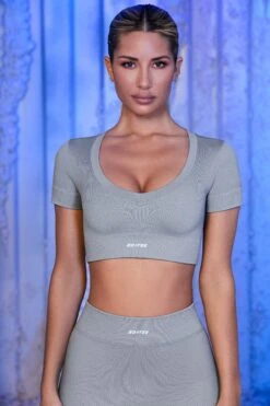 V Neck Short Sleeve Crop Top In Grey 11 V Neck Short Sleeve Crop Top In Grey -Sculpt Sets Body bt0433 bt0437 8 cooling off avalanche grey v neck crop tee ribbed mini shorts