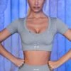 V Neck Short Sleeve Crop Top In Grey -Sculpt Sets Body bt0433 bt0437 9 cooling off avalanche grey v neck crop tee ribbed mini shorts
