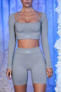 Strap Detail Long Sleeve Crop Top In Grey -Sculpt Sets Body bt0435 bt0436 2