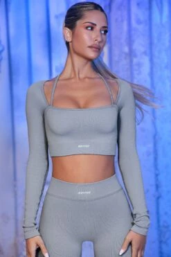 Strap Detail Long Sleeve Crop Top In Grey -Sculpt Sets Body bt0435 bt0436 3