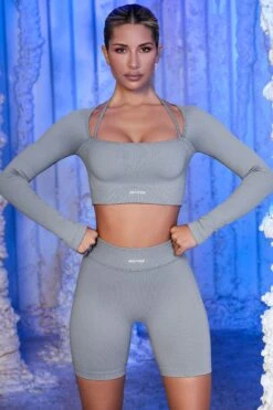 Strap Detail Long Sleeve Crop Top In Grey -Sculpt Sets Body bt0435 bt0436 8